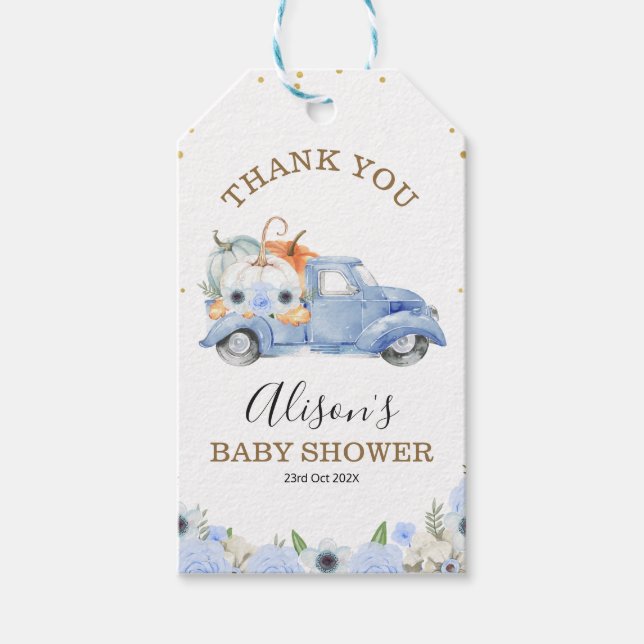 Fall Blue Floral Pumpkin Truck Baby Dusche Geschenkanhänger (Vorderseite)