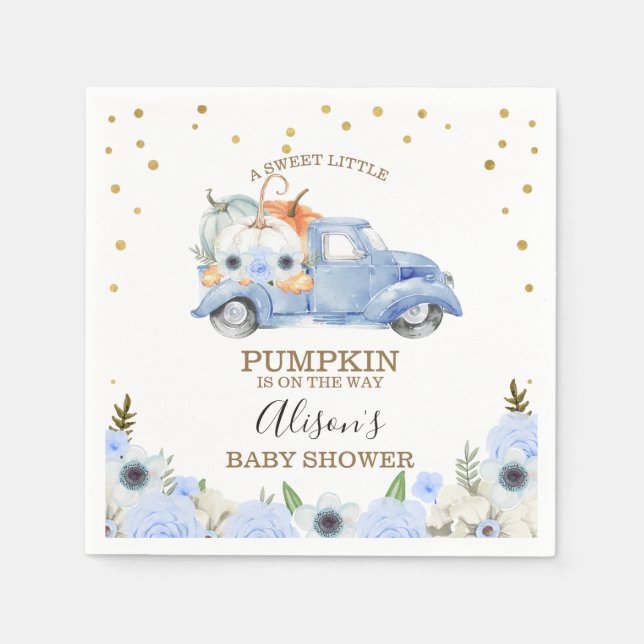 Fall Blue Floral Pumpkin Truck Baby Dusche Napkin Serviette (Vorderseite)