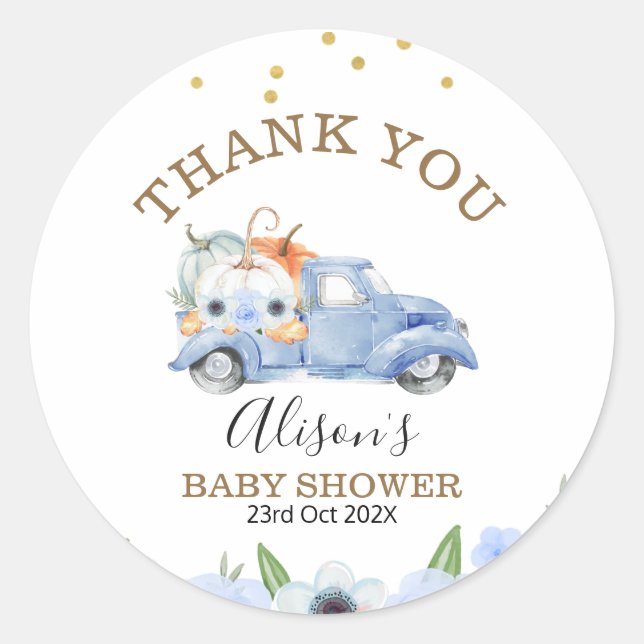 Fall Blue Floral Pumpkin Truck Baby Shocker Runder Aufkleber (Vorderseite)