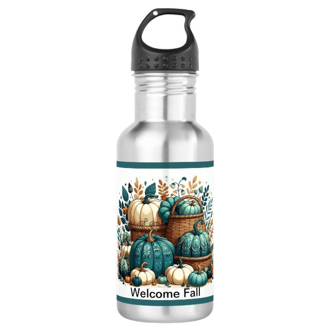 Fall Blue Green Pumpkin Design Edelstahlflasche (Vorderseite)