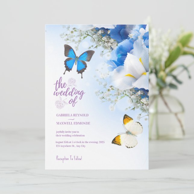 Fall Blue Nature Butterfly Hydrangea Wedding Einladung (Stehend Vorderseite)