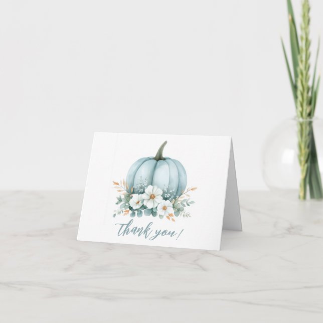 Fall Blue Pumpkin Floral Eucalyptus Baby Dusche Dankeskarte (Vorderseite)