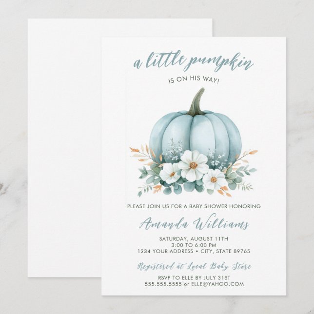 Fall Blue Pumpkin Floral Eucalyptus Baby Dusche Einladung (Vorne/Hinten)