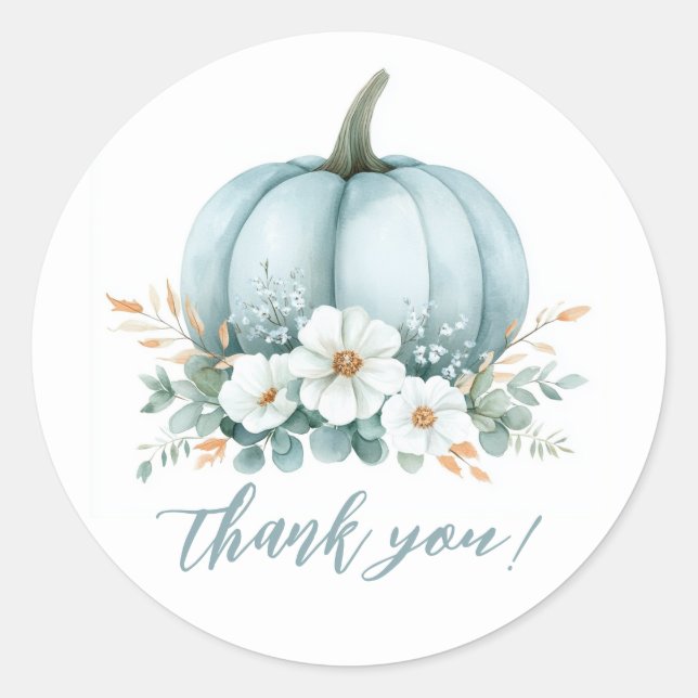 Fall Blue Pumpkin Floral Eucalyptus Baby Dusche Runder Aufkleber (Vorderseite)