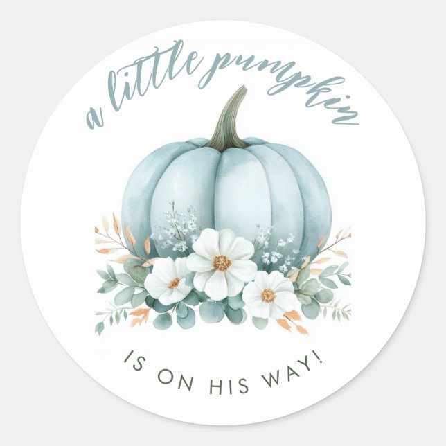 Fall Blue Pumpkin Floral Eucalyptus Baby Dusche Runder Aufkleber (Vorderseite)