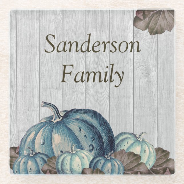 Fall Blue Pumpkin Rustic Niedlich Gray Wood Glasuntersetzer (Vorderseite)