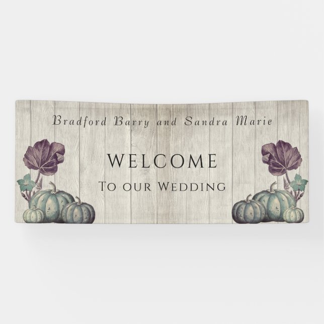 Fall Blue Pumpkin Rustic Wedding Barn Wood Banner (Horizontal)