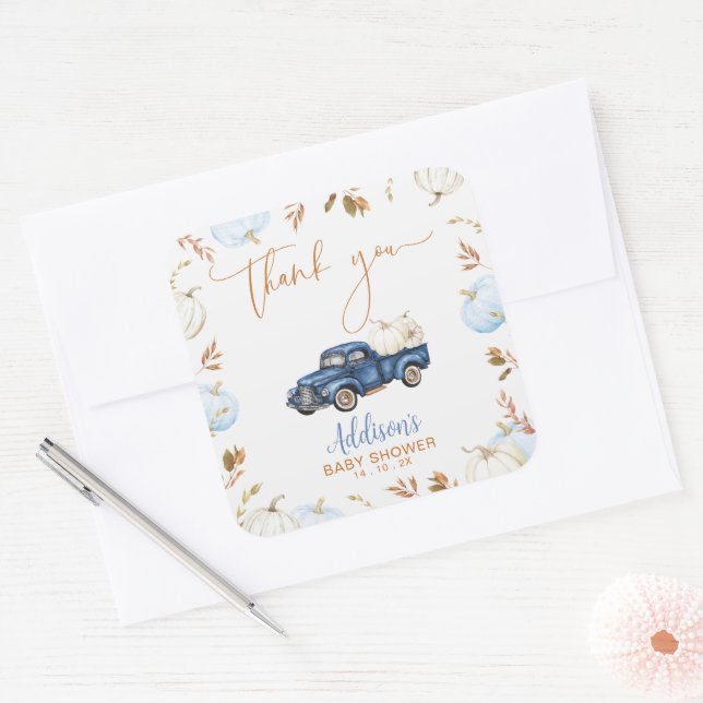 Fall Blue Pumpkin Truck Baby Dusche Gefallen Stick Quadratischer Aufkleber (Umschlag)