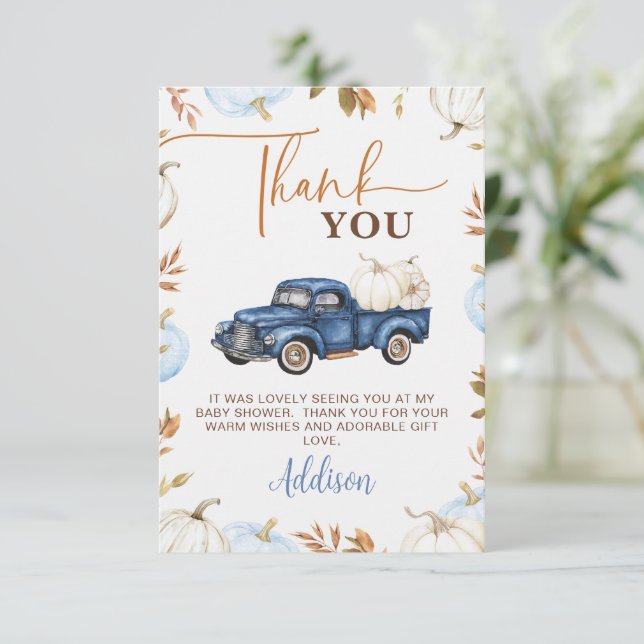 Fall Blue Pumpkin Truck Little Pumpkin Baby Dusche Dankeskarte (Stehend Vorderseite)