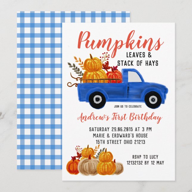 Fall Blue Truck Pumpkin Birthday Einladung (Vorne/Hinten)
