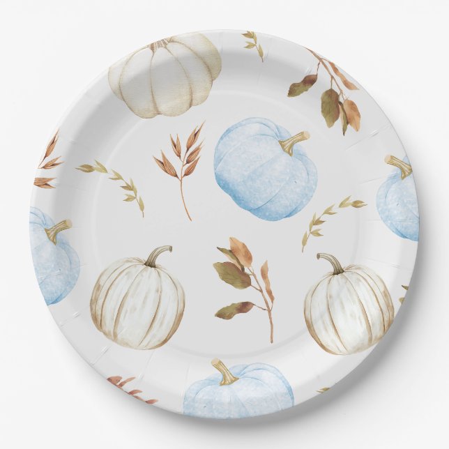 Fall Blue White Pumpkins Baby Dusche Pappteller (Vorderseite)