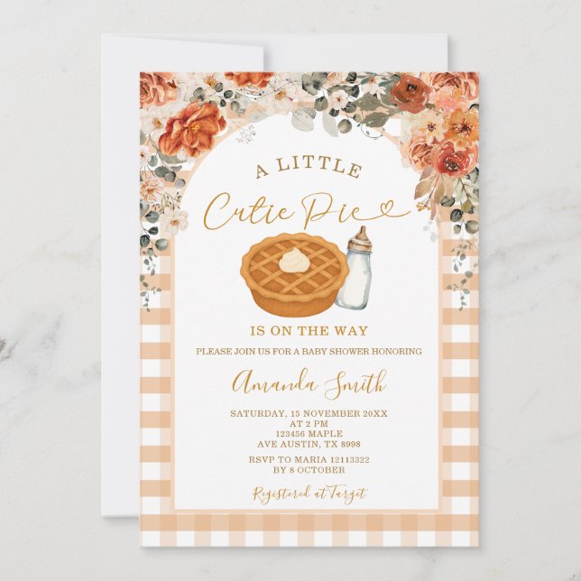 Fall Blume Süsse Pie Gingham Fall Baby Dusche Einladung (Vorderseite)