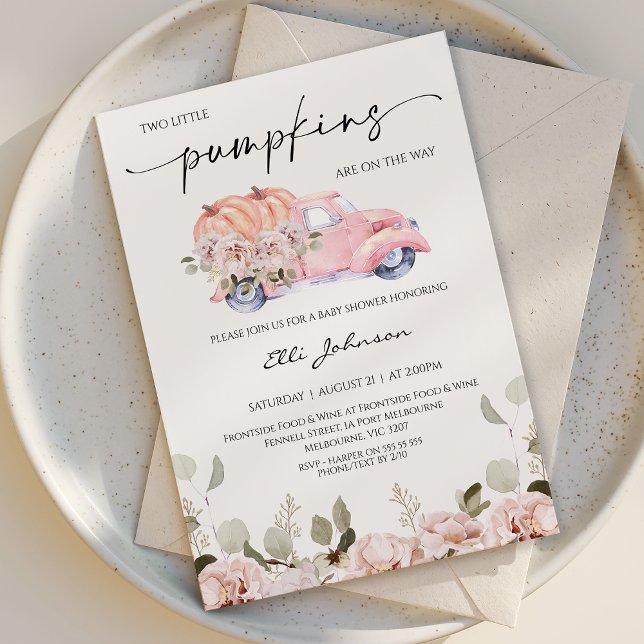 Fall Blush Twin Weibchen Pumpkin Baby Dusche Einladung (Girl Twin Little Pumpkins Baby Shower Invitation Template, Feminine Fall Little Pumpkins Baby Shower)