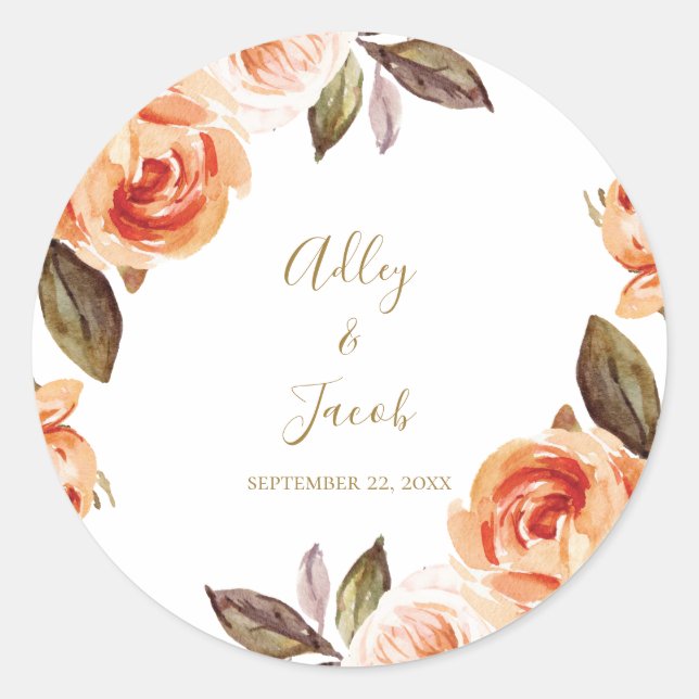 Fall Boho Burnt Orange Floral Wedding Runder Aufkleber (Vorderseite)