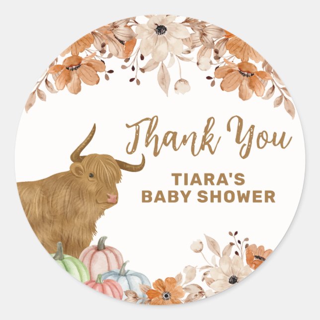 Fall Boho Floral Highland Kuh Baby Shower Runder Aufkleber (Vorderseite)