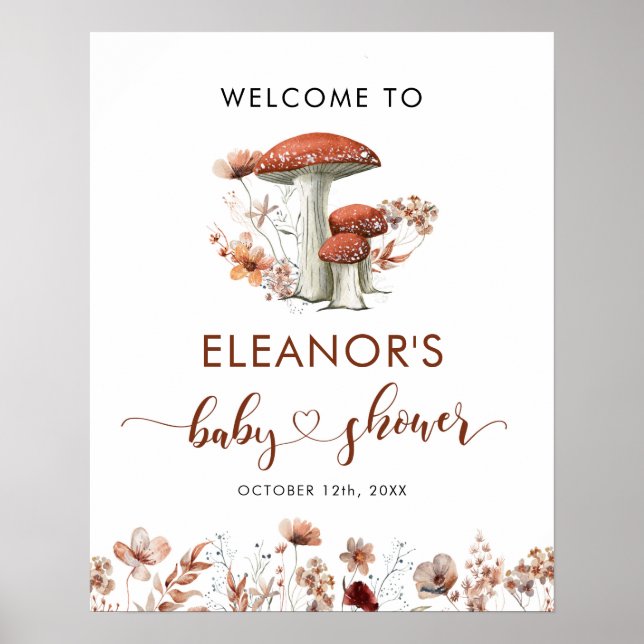 Fall Boho Mushroom Floral Baby Shower welcome sign Poster (Vorne)