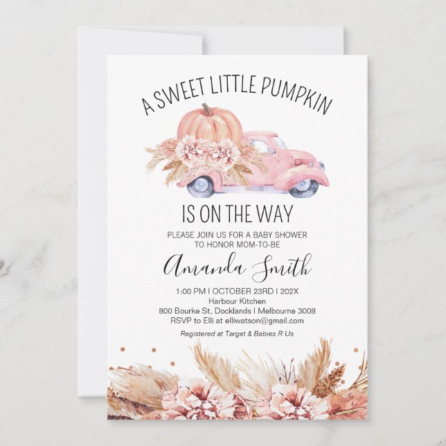 Fall Boho Pink Floral Pumpkin Truck Baby Dusche Einladung (Vorderseite)
