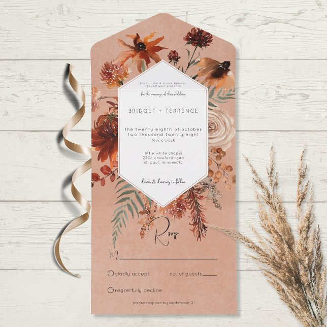 Fall Boho Rust & Peach Blumenrahmen Kein Abendesse All In One Einladung (Von Creator hochgeladen)
