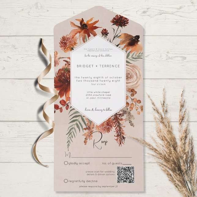 Fall Boho Rust & Peach Floral Frame Beige QR Code All In One Einladung (Von Creator hochgeladen)