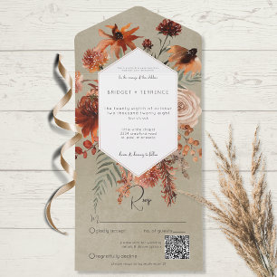 Fall Boho Rust & Peach Floral Frame Sage QR Code All In One Einladung