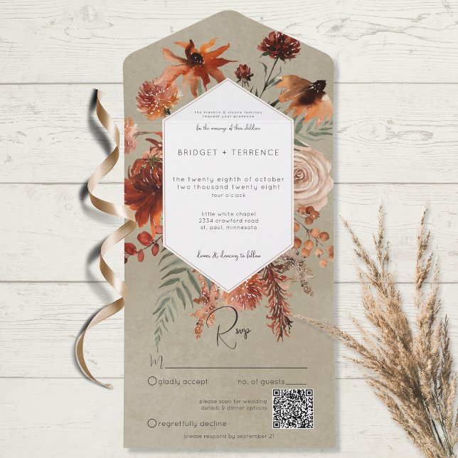 Fall Boho Rust & Peach Floral Frame Sage QR Code All In One Einladung (Von Creator hochgeladen)