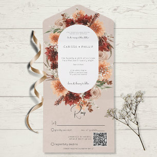Fall Boho Rust & Peach Floral Oval Beige QR Code All In One Einladung