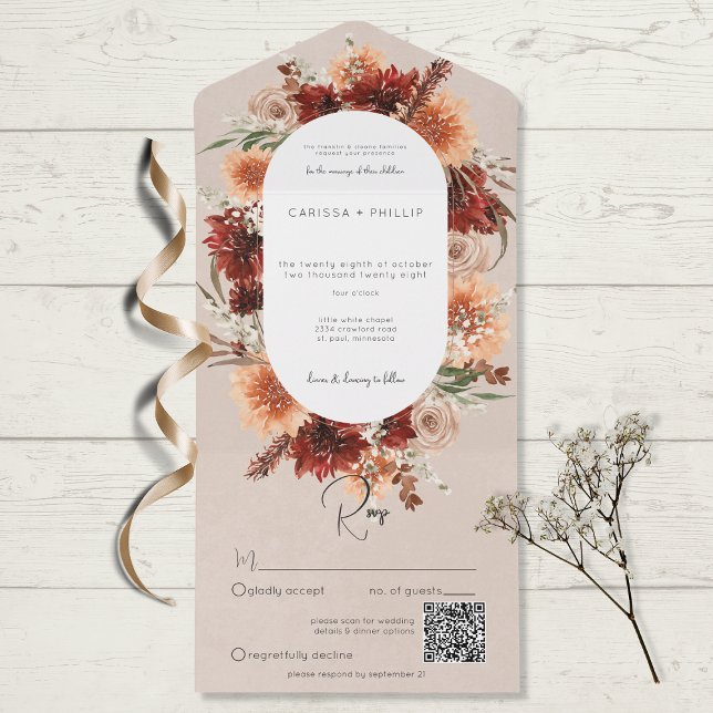 Fall Boho Rust & Peach Floral Oval Beige QR Code All In One Einladung (Von Creator hochgeladen)