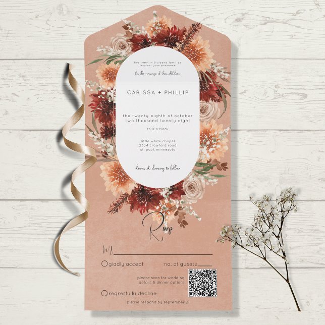 Fall Boho Rust & Peach Floral Oval QR Code All In One Einladung (Von Creator hochgeladen)