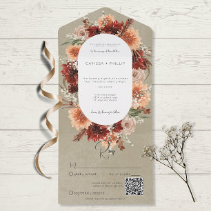 Fall Boho Rust & Peach Floral Oval Sage QR Code All In One Einladung