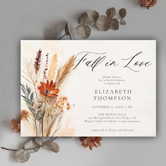 Fall Bouquet Romantic Boho Floral Brautparty Einladung (fall in love bridal shower invitation wildflowers terracotta watercolor elegant modern calligraphy)