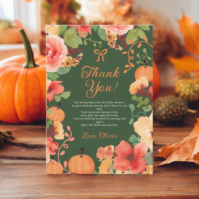 Fall Bow Boho Kürbis Blumengrün Babydusche Dankeskarte (Fall Bow Boho Little pumpkin floral baby shower Thank You Card on green)