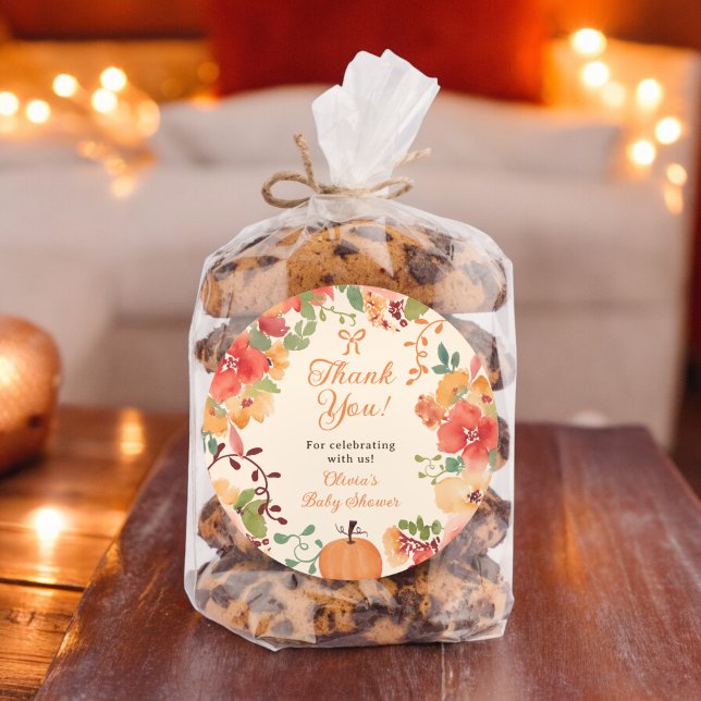 Fall Bow Boho Kürbis Blumenkohl Danke Babydusche Runder Aufkleber (Fall Bow Boho pumpkin floral thank you baby shower Classic Round Sticker on cream)