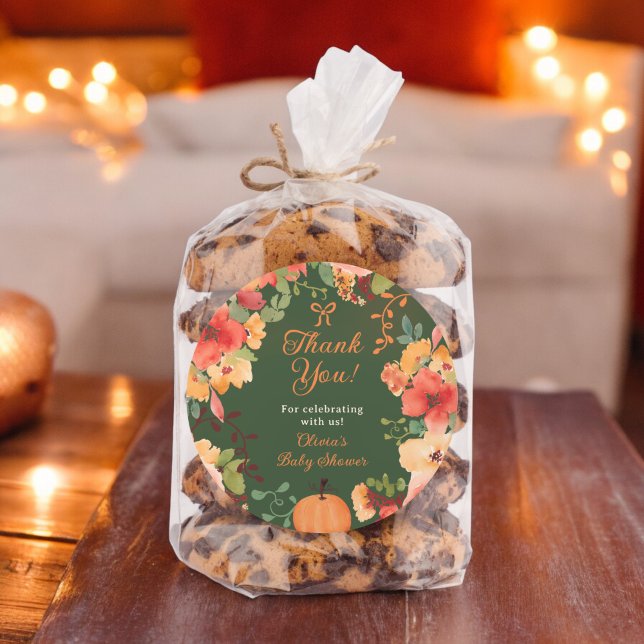 Fall Bow Boho Kürbis Blumenkohl Danke Babydusche Runder Aufkleber (Fall Bow Boho pumpkin floral thank you baby shower Classic Round Sticker on green)