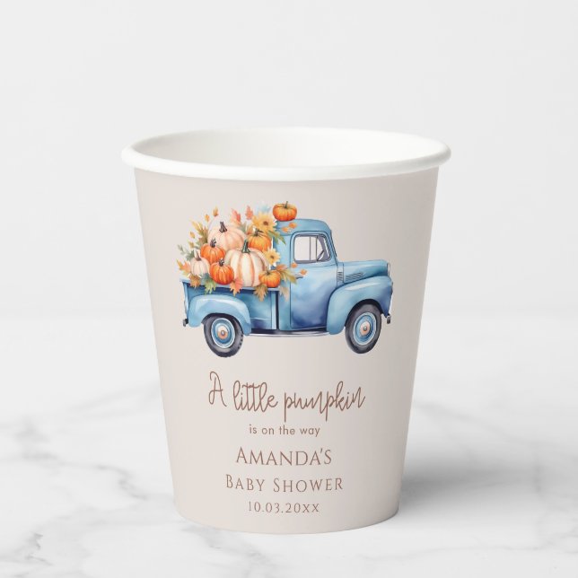 Fall Boy Baby Dusche Blue Pumpkin Truck Pappbecher (Vorderseite)