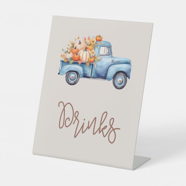Fall Boy Baby Shower Blue Pumpkin Truck Drinks Sockelschild (Vorderseite)