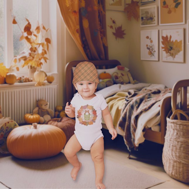 Fall Break Cat Wreath Baby Strampler (A baby boy wears the Fall Break Cat Wreath Baby Bodysuit.)