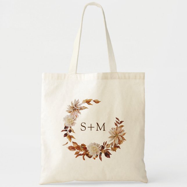 Fall Bride Groom Monogram Blätter Wreath Wedding Tragetasche (Fall Bride Groom Monogram Leaves Wreath Wedding Tote Bag by Painted Paperie)