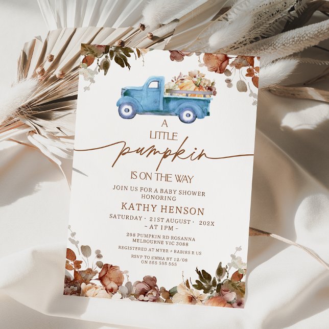 Fall Brown Floral Blue Pumpkin Truck Baby Dusche Einladung (A Little Pumpkin Is On The Way Baby Shower Invitation Boy, Fall Little Pumpkin baby Shower Invite, )