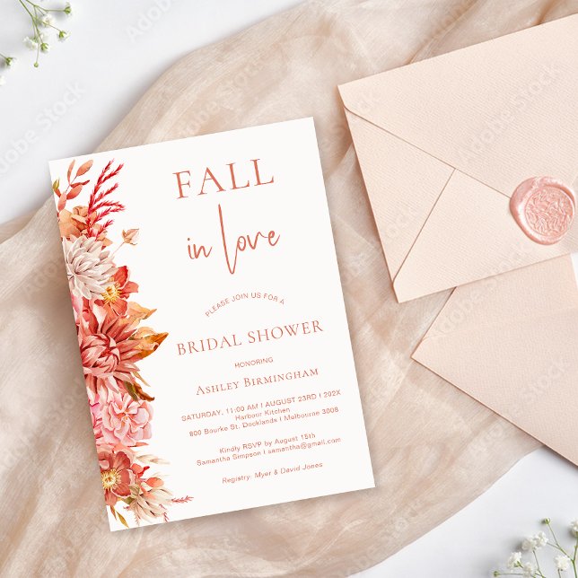 Fall Brown Floral in Liebe Brautparty Einladung (Fall in Love Bridal Shower Invitation Template, Warm Brown Floral Fall Bridal Shower Invitation)