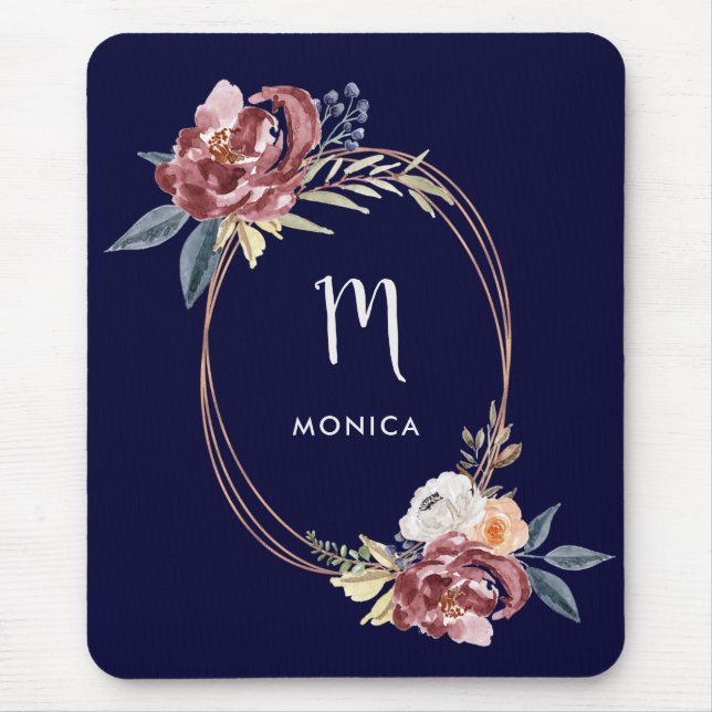 Fall Burgund Floral und Rose Gold| Marine Monogram Mousepad (Vorne)