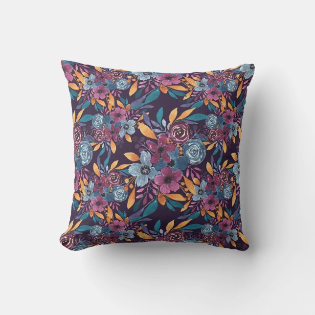 Fall Burgund Marine Mustard Wasserfarbe Blume Art Kissen (Vorderseite)