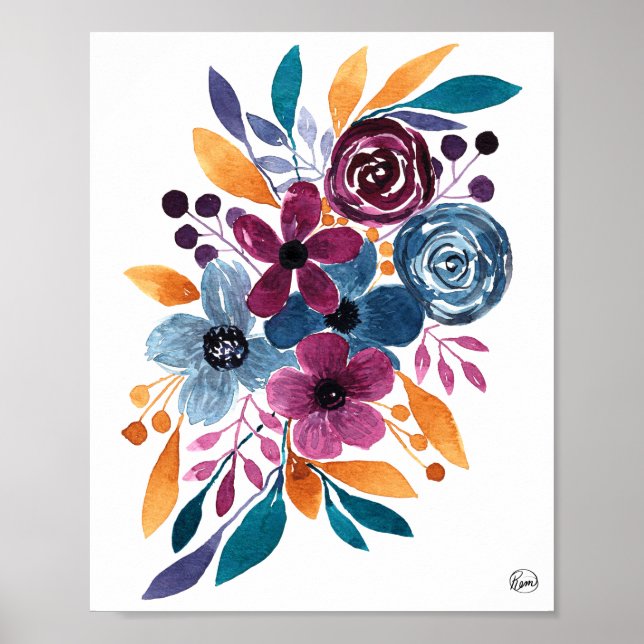 Fall Burgund Marine Mustard Wasserfarbe Blume Art Poster (Vorne)