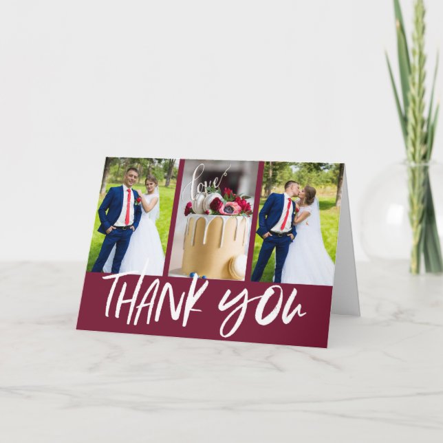 Fall Burgund Red Modern Foto Wedding Dankeskarte (Vorderseite)