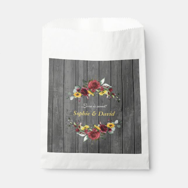 Fall Burgund Rose Sonnenblumen Barnholz Hochzeit Geschenktütchen (Vorderseite)