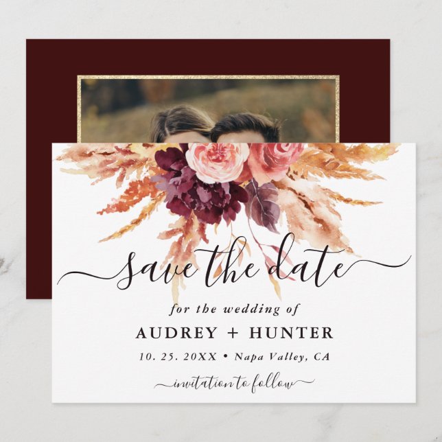Fall Burgund Terracotta Floral Wedding Foto Save The Date (Vorne/Hinten)