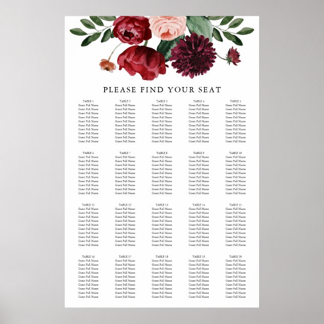 Fall Burgundy Bloral Hochzeitstabelle Poster (Vorne)