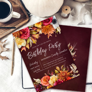 Fall Burgundy Blume Chic Script 80. Geburtstag Einladung