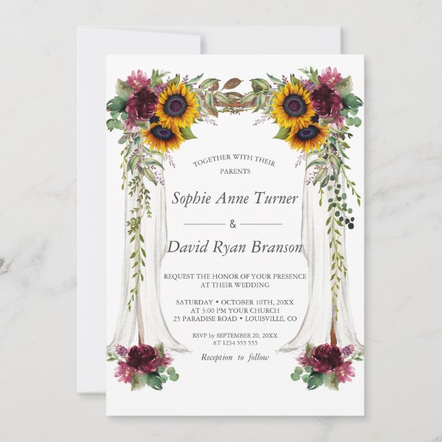 Fall Burgundy Blütenkanopie Sonnenblumen Hochzeit Einladung (Vorderseite)