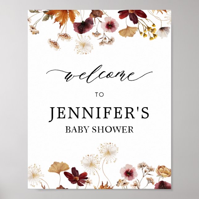 Fall Burgundy Boho Floral Baby Dusche Begrüßungsze Poster (Vorne)