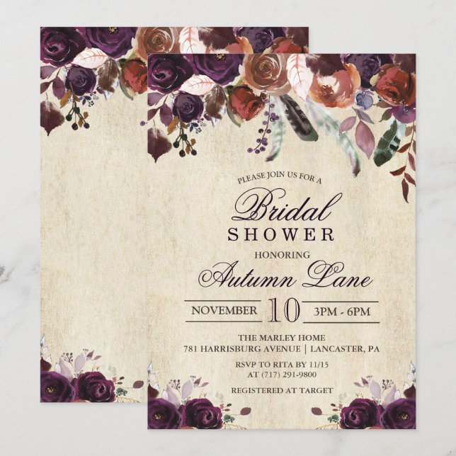 Fall Burgundy Dunkle Floral Bridal Dusche Einladun Einladung (Vorne/Hinten)